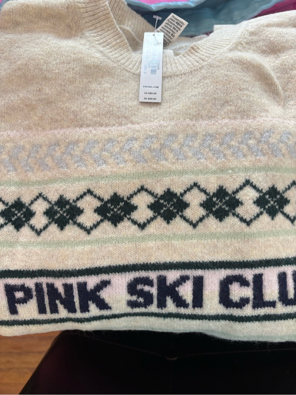 PINK Victoria's Secret Cream Sweater with Soft Blue & Pale Pink Accents